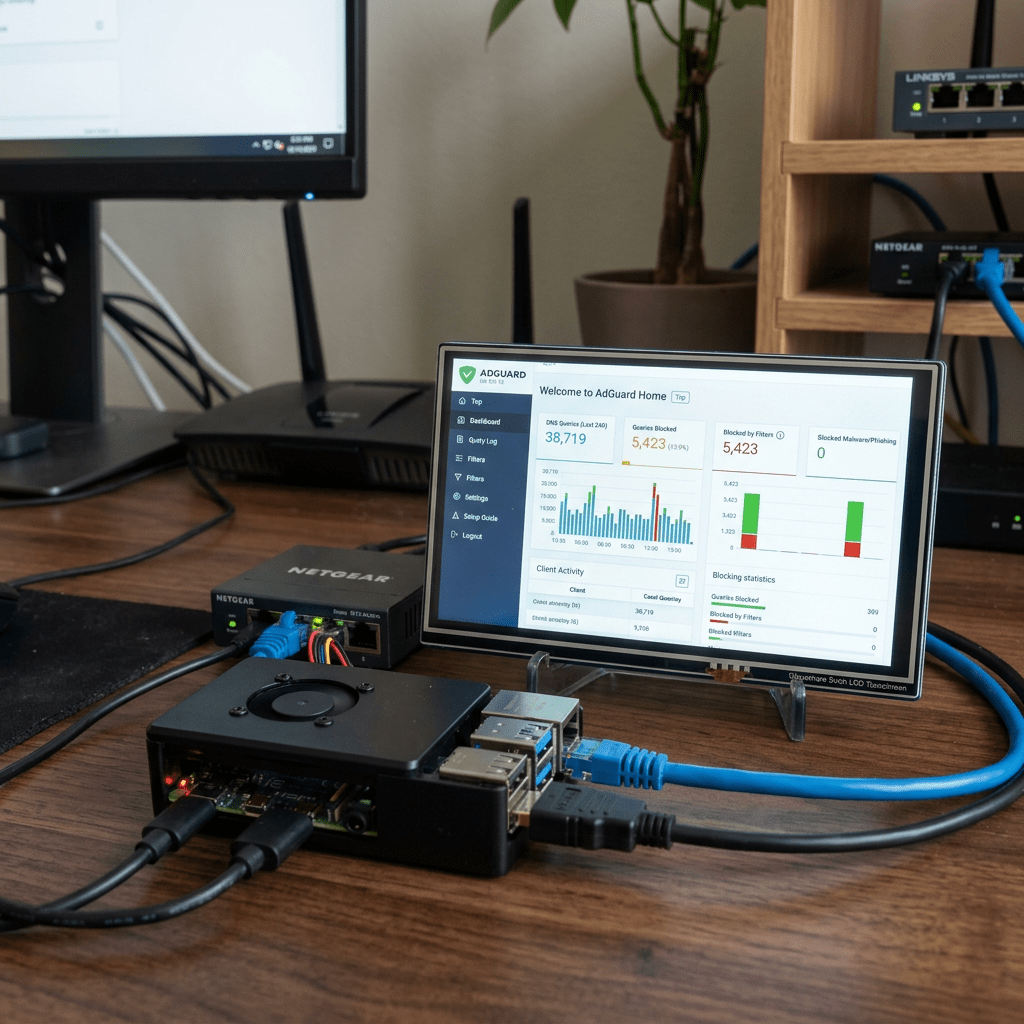AdGuard Home dashboard showing DNS queries and blocking statistics on a small monitor connected to a mini PC