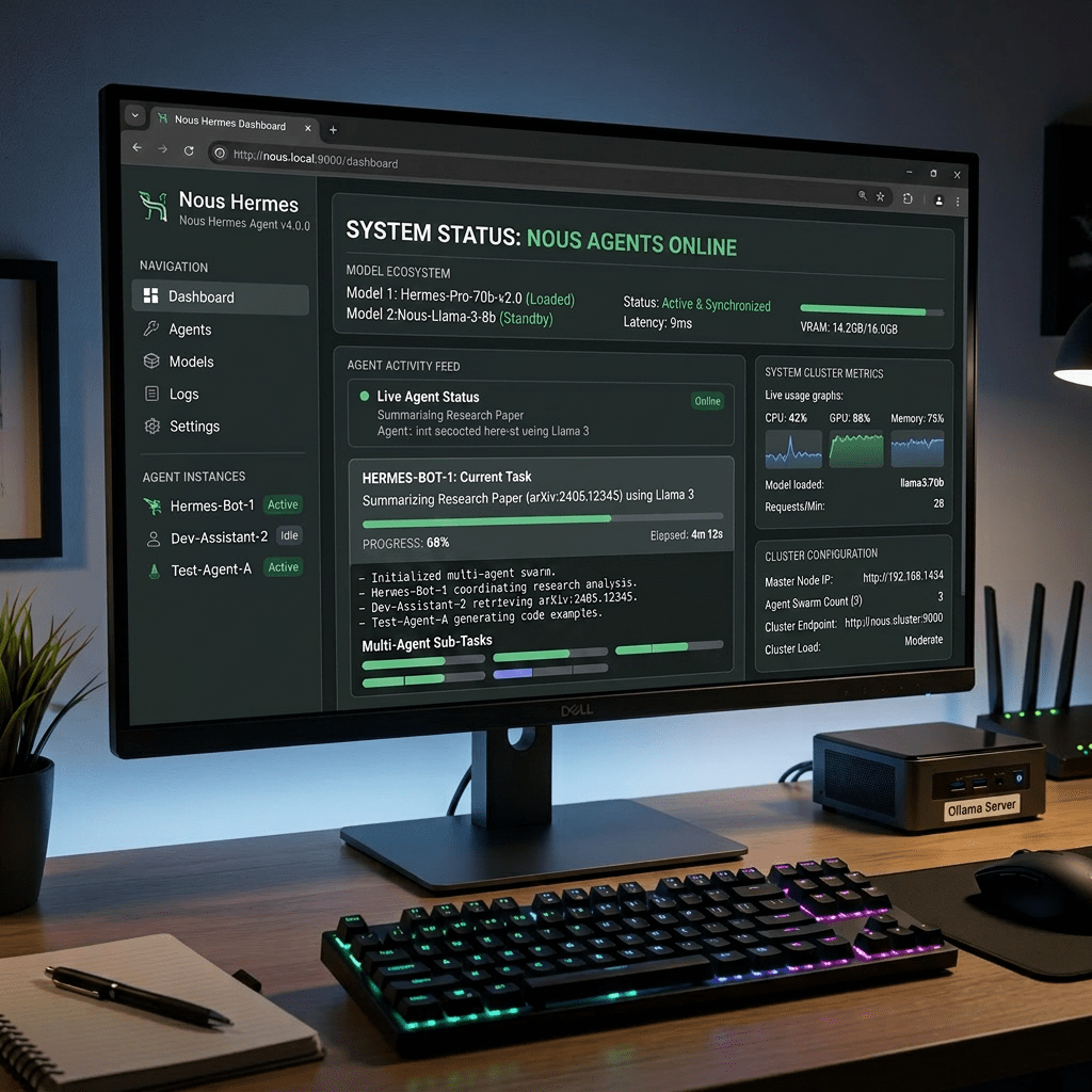 Hermes AI agent dashboard displaying connection status, agent activity, and server metrics