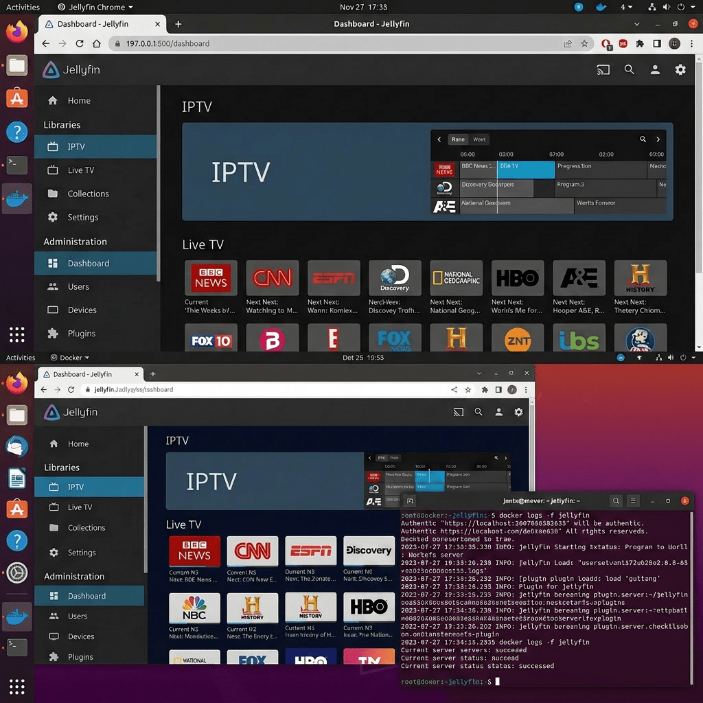 Jellyfin IPTV dashboard displaying live TV channel options and a terminal window with server logs