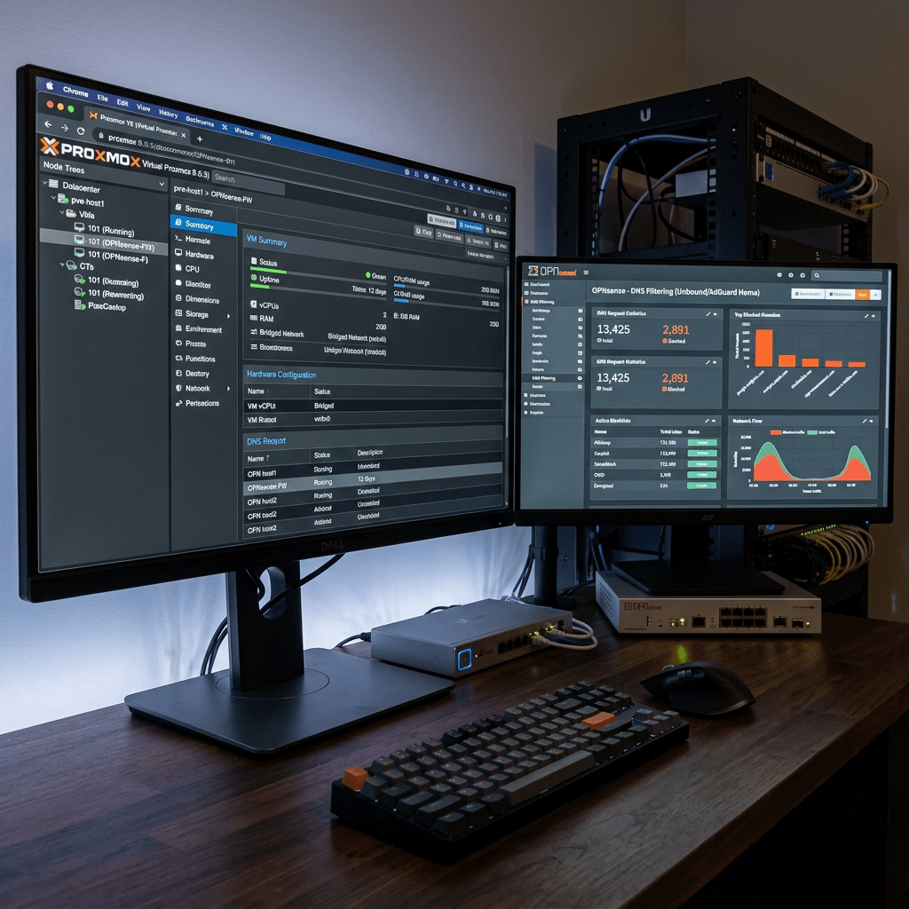 Computer setup with dual monitors showing Proxmox Virtual Machine Manager and OPNsense network dashboard